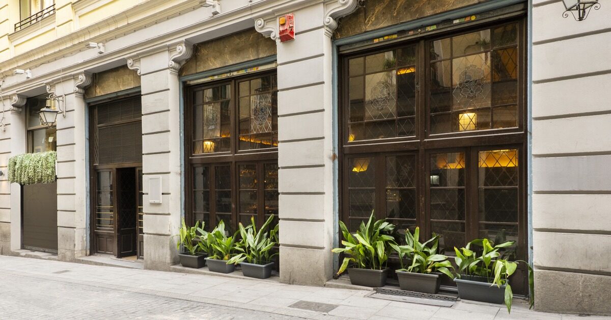 A stone building facade with tall dark-framed windows lit from within and planters of leafy plants on the pavement