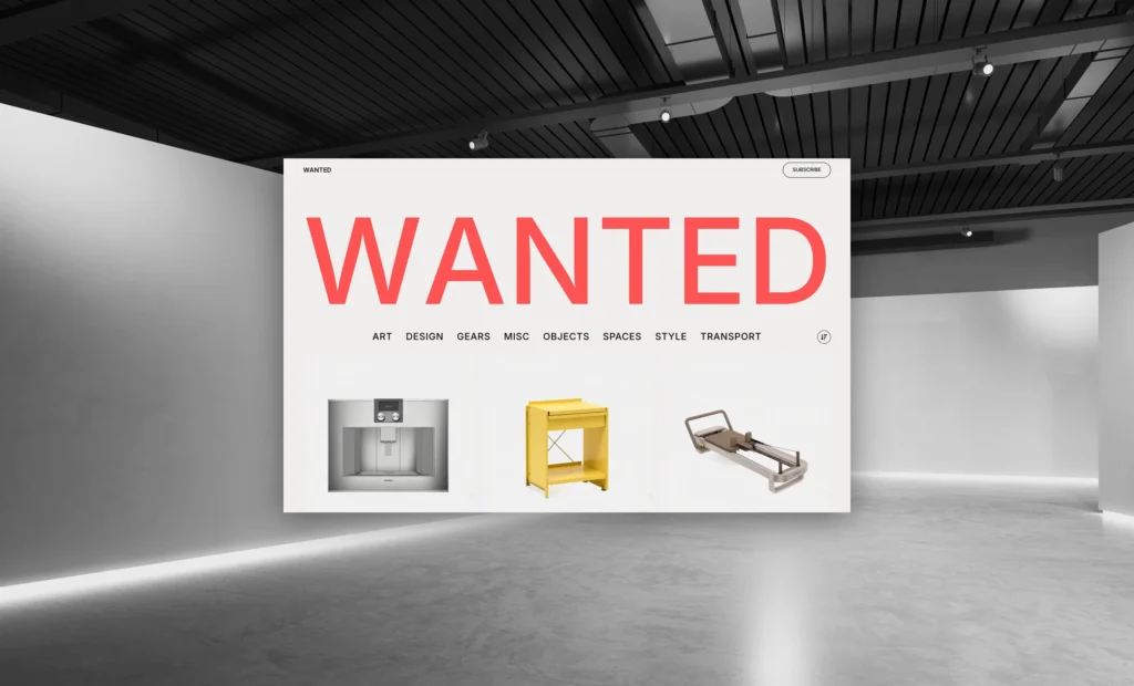 WANTED homepage, a curated buyer's guide for architecture, design and luxury goods, built by Creatif Work