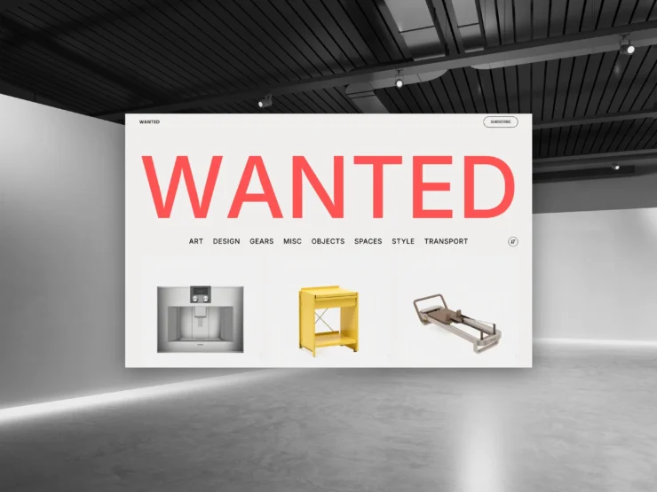 WANTED homepage, a curated buyer's guide for architecture, design and luxury goods, built by Creatif Work