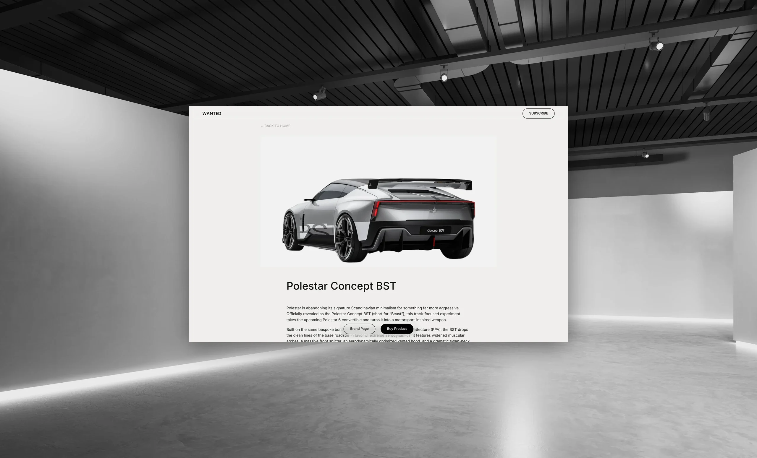 WANTED article page for the Polestar Concept BST, with brand page and buy product links